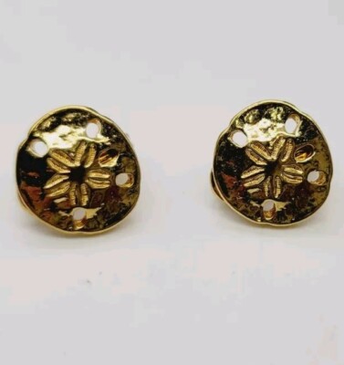 Monet Earring GOLD TONE Sand Dollar clip on  Beach Theme Vintage .5 in 