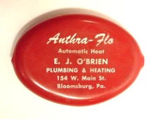 old red Quikoin advertising coin purse: E.J. O'brien plumbing, Bloomsburg, PA