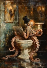 OCTOPUS ON TOILET ART PRINT, Morning Animal Poster, Fantasy Bathroom Decor F372