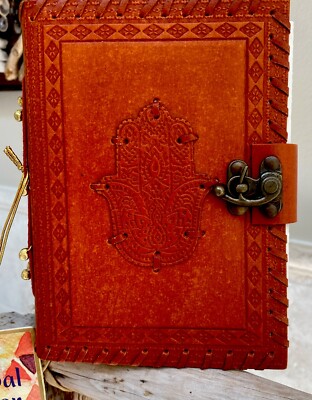 Leather Journal Hand-Tooled  Notebook Journal Diary Brass Lock 3D Hamsa Design