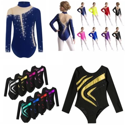 UK Girls Rhinestone Gymnastics Dance Leotard Long Sleeve Figure Skating Bodysuit