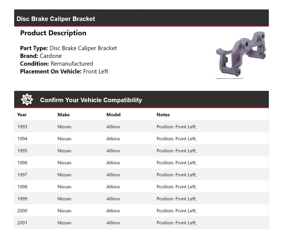 Soporte de pinza de freno de disco delantero izquierdo cardone 1994 para Nissan Altima 1993-2001 Foto 2 de 4