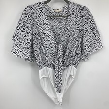 Altard State womens small bodysuit polka dot ruffled sleeves bow tie deep Vneck