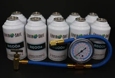 Enviro-Safe R-600a Refrigerant Inverted Piercing 6 oz 10 Cans and Brass Gauge