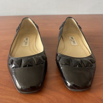 Jimmy Choo Black Patent Leather With Studs Flats Sz 37.5 Italy US 7.5 Nice