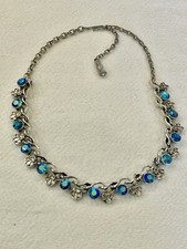 vintage 1960s aurora borealis blue Crystal Rhinestone Silver tone Elegant Choker