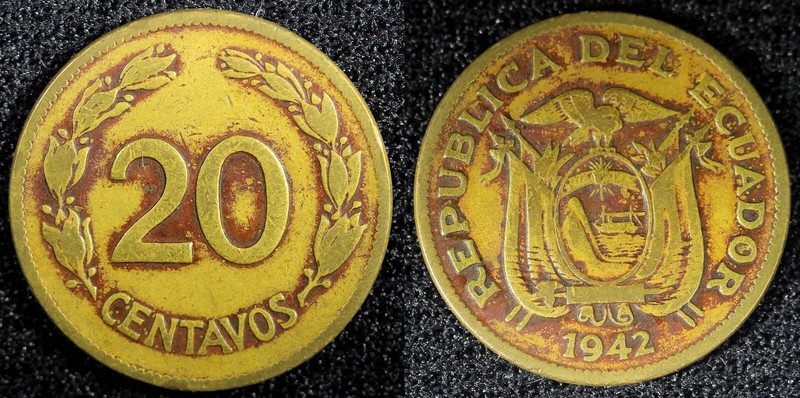 ECUADOR Brass 1942 D  20 Centavos 1 Year Type Denver Mint VF KM# 77.1a (22 994)