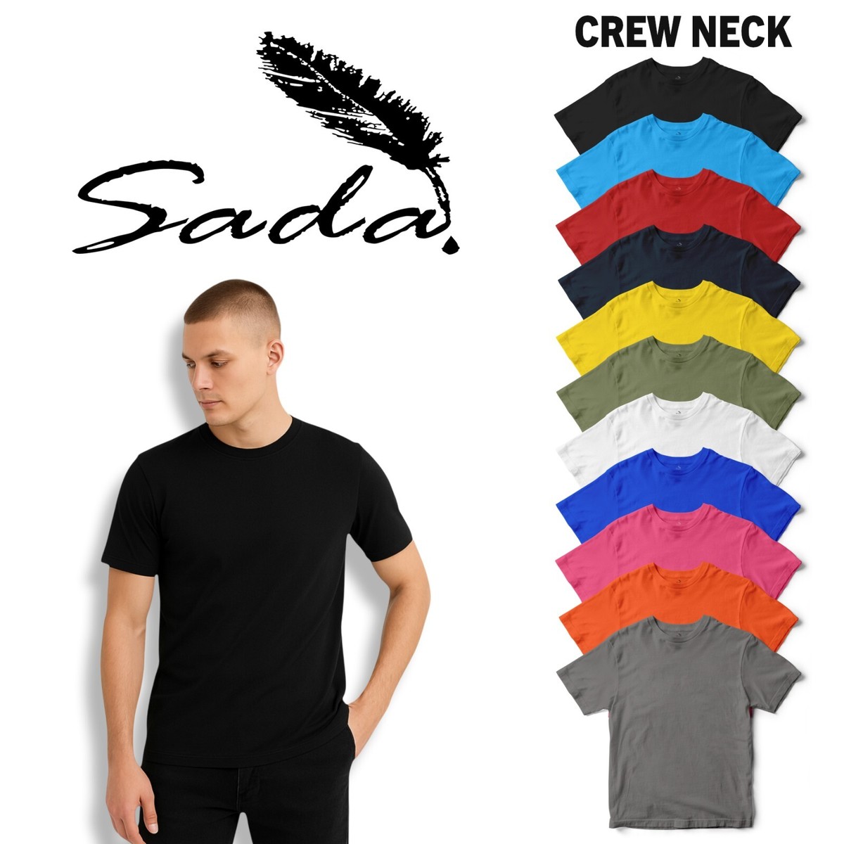 Sada T-Shirts 6-Pack Crew Neck 100% Cotton Plain Solid Color Sizes