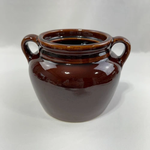 Bean Pot USA Stoneware Crock Double Handled Brown Vintage Crock 1930s No Lid