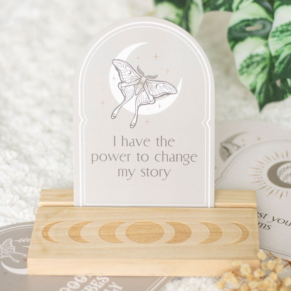 Luna Moth Set of 10 Affirmation Mindfulness Cards & Wooden Moon Phase Stand