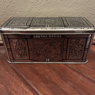 CHIVAS REGAL AGED 12 YEARS EMPTY TIN WHISKEY CONTAINER 10'' X 4.5 X 4.5''