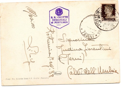 CARTOLINA R.R.GROTTE DI POSTUMIA VIAGG.1938 DA POSTUMIA PER CALVI DELL'UMBRIA