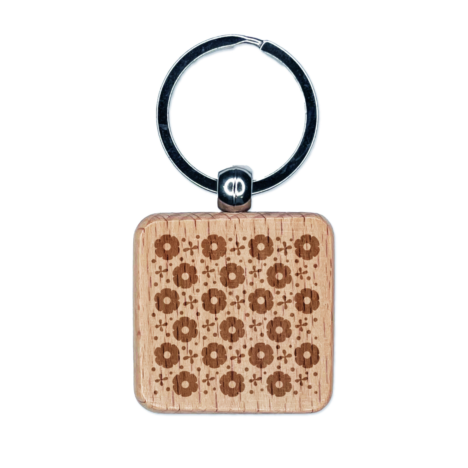 Spring Flower Engraved Wooden Square Keychain Charm Tag