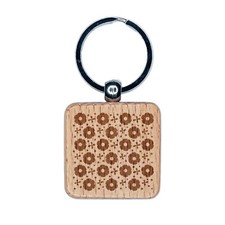 Spring Flower Pattern Engraved Wood Square Keychain Tag Charm