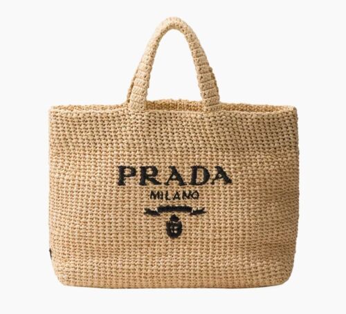 PRADA Natural Straw Crochet Tote Bag Large Beige Woven Logo LARGE