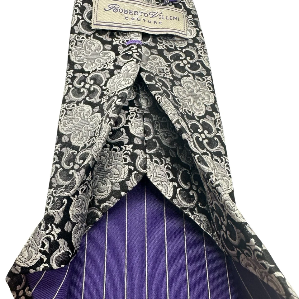 ROBERTO VILLINI Couture Sevenfold 100% Silk Designer Tie Silver & Black Brocade Foto 4 de 4