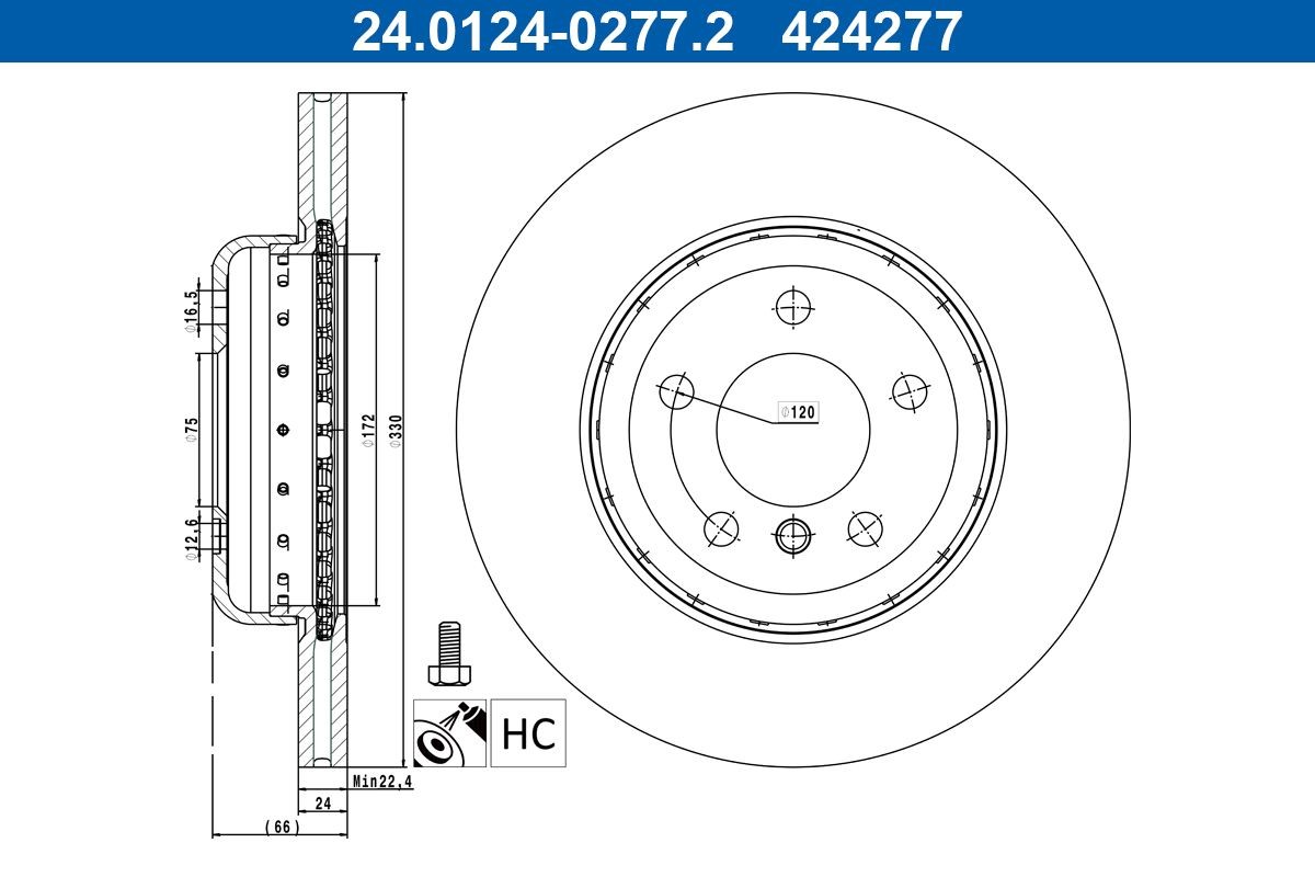 ATE 24.0124-0277.2 Disco freno Assale anteriore, ventilato, rivestito, ad alto tenore di carbonio, con bulloni/viti - Immagine 2