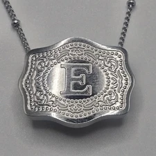 MINI BELT BUCKLE INITIAL LETTER E Pendant Charm STAINLESS STEEL CHAIN NECKLACE