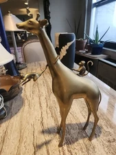 Vintage Brass Giraffe With 2 Brass Monkeys