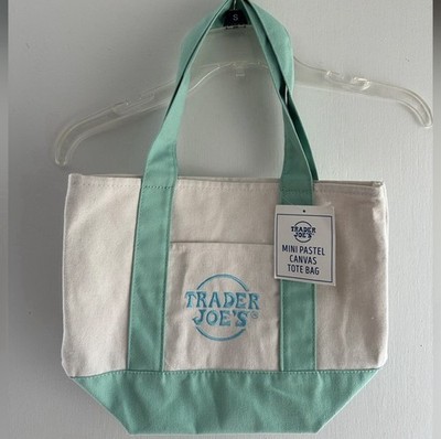 Trader Joe's Mini Pastel Canvas Tote Bag Foldable Small Pastel Green Canvas NWT
