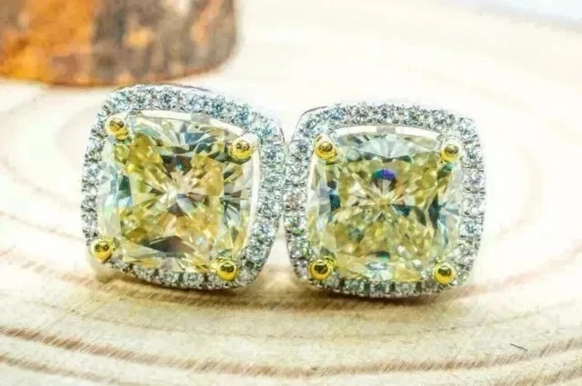 4.00Ct Cushion Cut Lab-Created Citrine Halo Stud Earrings 14K White Gold Plated - Image 2 of 3