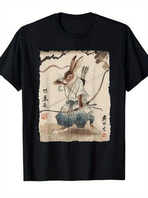 Samurai Rabbit Archer Graphic T-Shirt Japanese Manga Style Warrior Bunny Tee