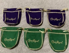 (6) Crown Royal 50ml - Drawstring Mini Bags- (3) Green & (3) Purple - 4" inch