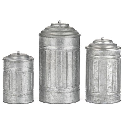 Decorative Metal Storage Jars, Set of 3 Galvanized Farmhouse Canisters with L...