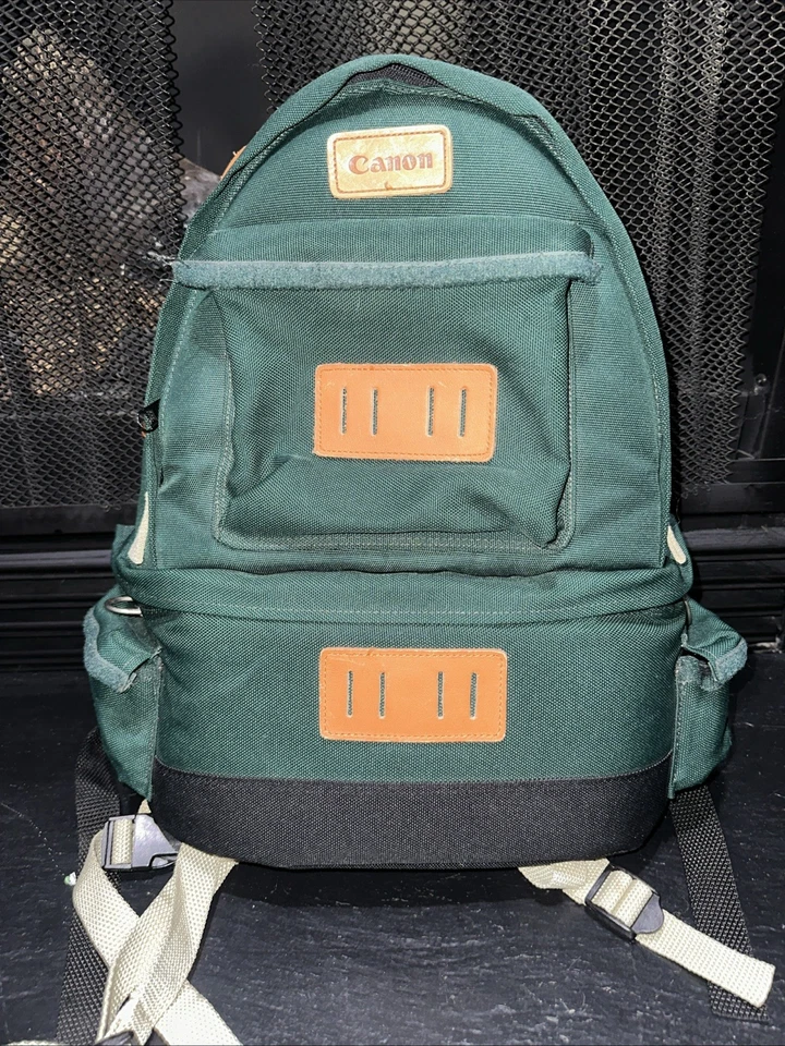 Mochila Profesional Cámara Canon Lona Cuero Verde Viaje Acolchada De Colección Foto 3 de 4