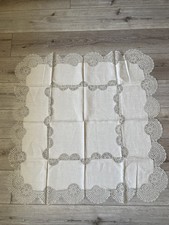 VTG 36 X 36 SQUARE LINEN   TABLE TOPPER/CLOTH ECRU/BEIGE FAN LACE BORDER/INLAY