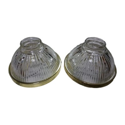 Two Replacement Glass Ceiling Light Shades Ribbed Gold Color Trim 2'' Fitter READ