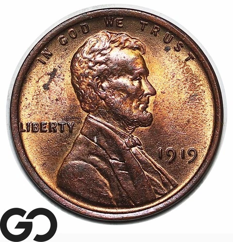 1919 Lincoln Cent Wheat Penny, Lustrous Red Brown, Gem BU++ RB