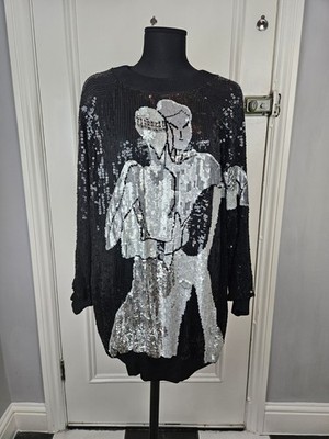 FRANK USHER Vintage 80er Pailletten Tunika Kleid | selten silber Tänzerin Motiv Seidenkleid