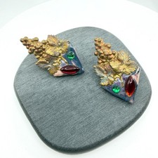 Gold Tone Grape Cluster Clip On Earrings Red Green Cabochon Artisan Statement