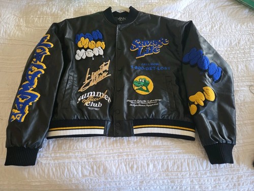 NWT Boohoo Man Bomber Jacket Size L Varsity Patches Embroidered Savage Life