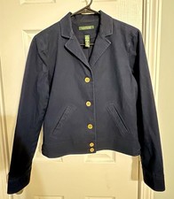 Ralph Lauren Women s Blazer Size 4 Navy Blue Gold Button Stretch Knit Cotton