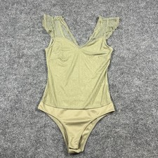 Ambiance Bodysuit One Piece Womens Medium Olive Green Lace Detail V Neck Ruffle