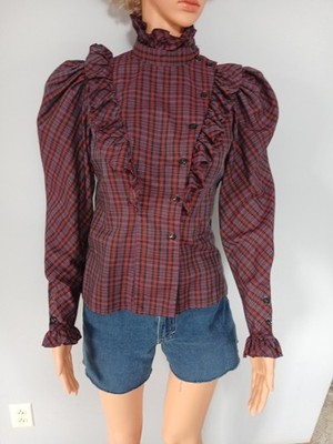VTG 80s Diane Gilman for CABAL Plaid Ruffle Blouse Leg O Mutton Puffy Sleeve S-M