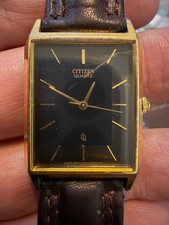 Vintage Citizen Quartz Tank Dress Watch Gold Plated Black Dial Ref 6031-K02627
