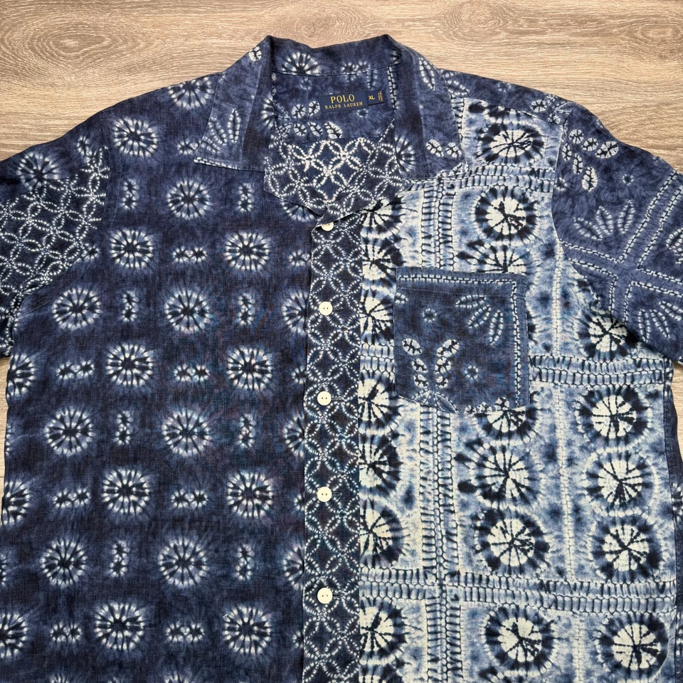 Polo Ralph Lauren Shibori Patchwork Linen Shirt Mens XL Indigo Blue Tie Dye - Image 2 of 4