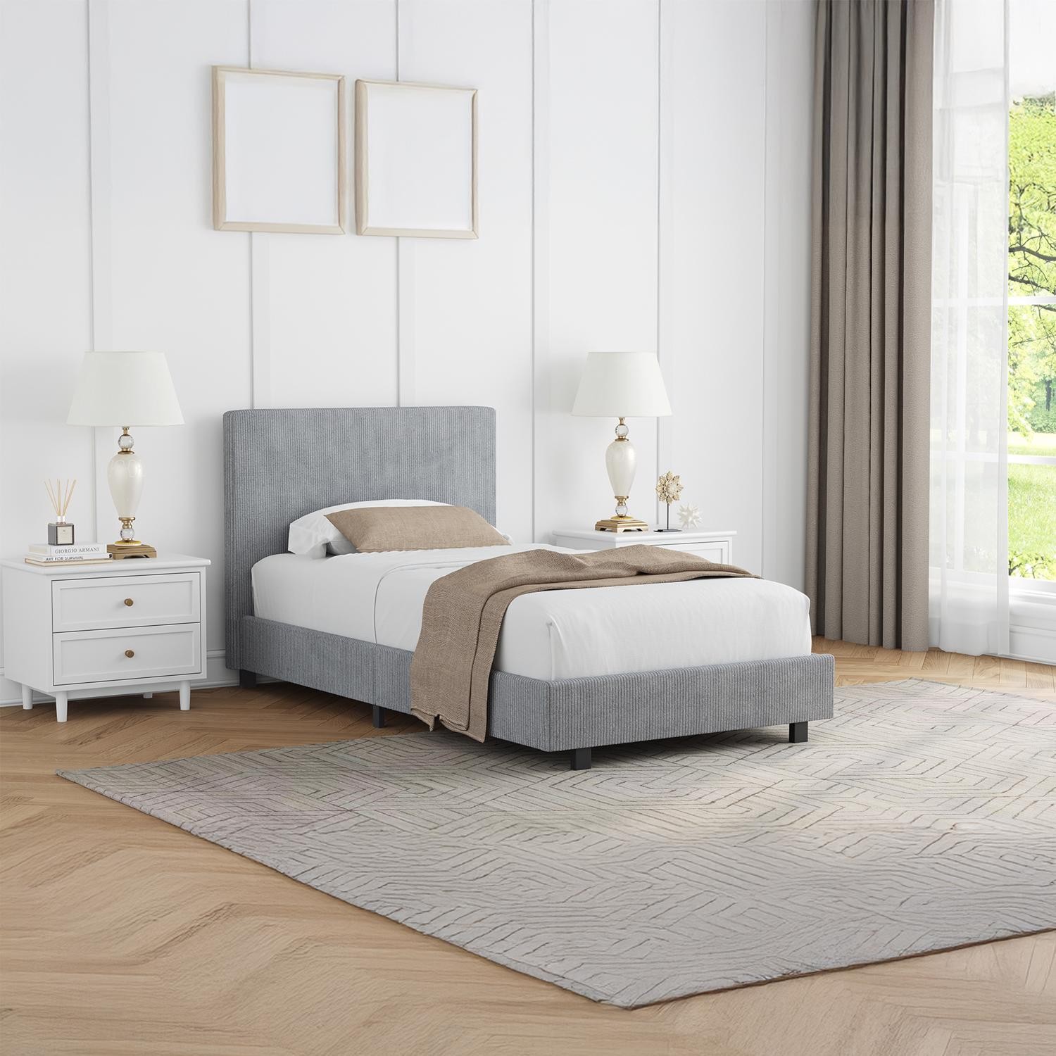 Grey Single Bed Frame Ribbed Fabric Wooden Slats