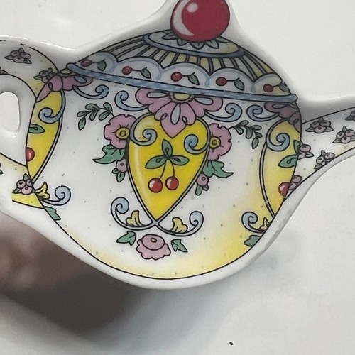 Mary Engelbreit Teapot Tea Bag Holder Yellow Floral Cherry Ceramic Tray ME Ink - Picture 6 of 8