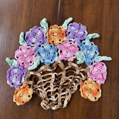 Handmade Crocheted Flower Basket Doily Wall Hanging Vintage Lace Floral Decor