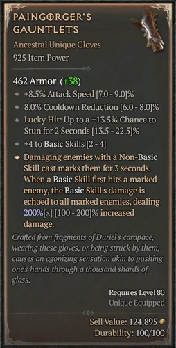 DIABLO 4 Season 5 S5⭐925 Perfect Roll 200% Paingorger's Gauntlets Unique