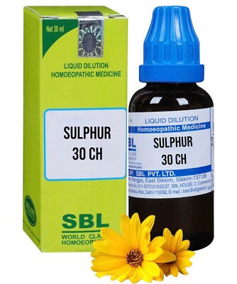 SBL Sulphur Dilution 30CH Homeopathic (30ml) for Skin Damage, Dryness & Itching.