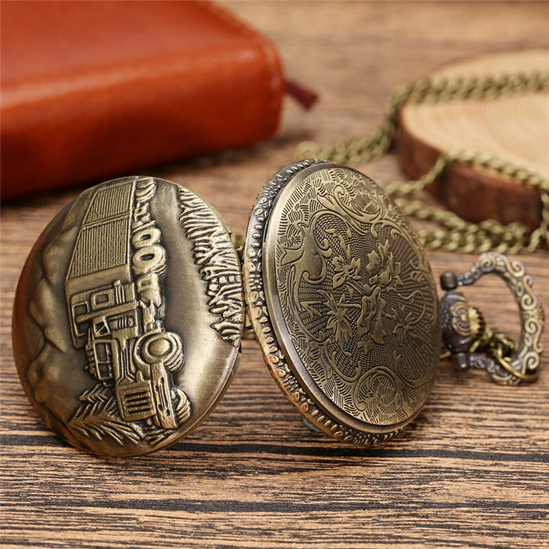 Vintage Truck Bronze Antique Women Men Analog Quartz Pocket Watch Pendant Chain - Image 4 of 4