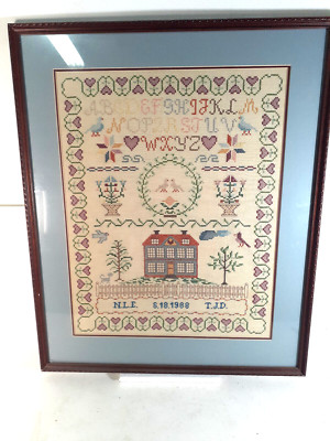 Superb Vintage Needlework Wedding Sampler, Modern Folk Art, Great Looking