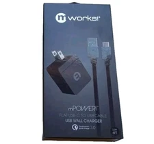 mWorks mPower 6-Ft Flat USB-C Cable w/Qualcomm 3.0 Adapter Black Sync Charge