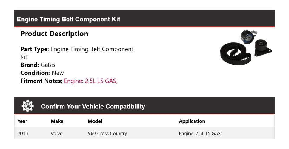 Kit de componentes de correa de distribución para motor Volvo V60 Cross Country 2015 puertas Foto 2 de 3