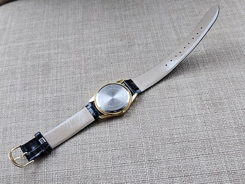Fashion Wristwatch Gold Tone Case Black Leather Strap Analog Quartz Unisex Watch - Picture 11 of 13